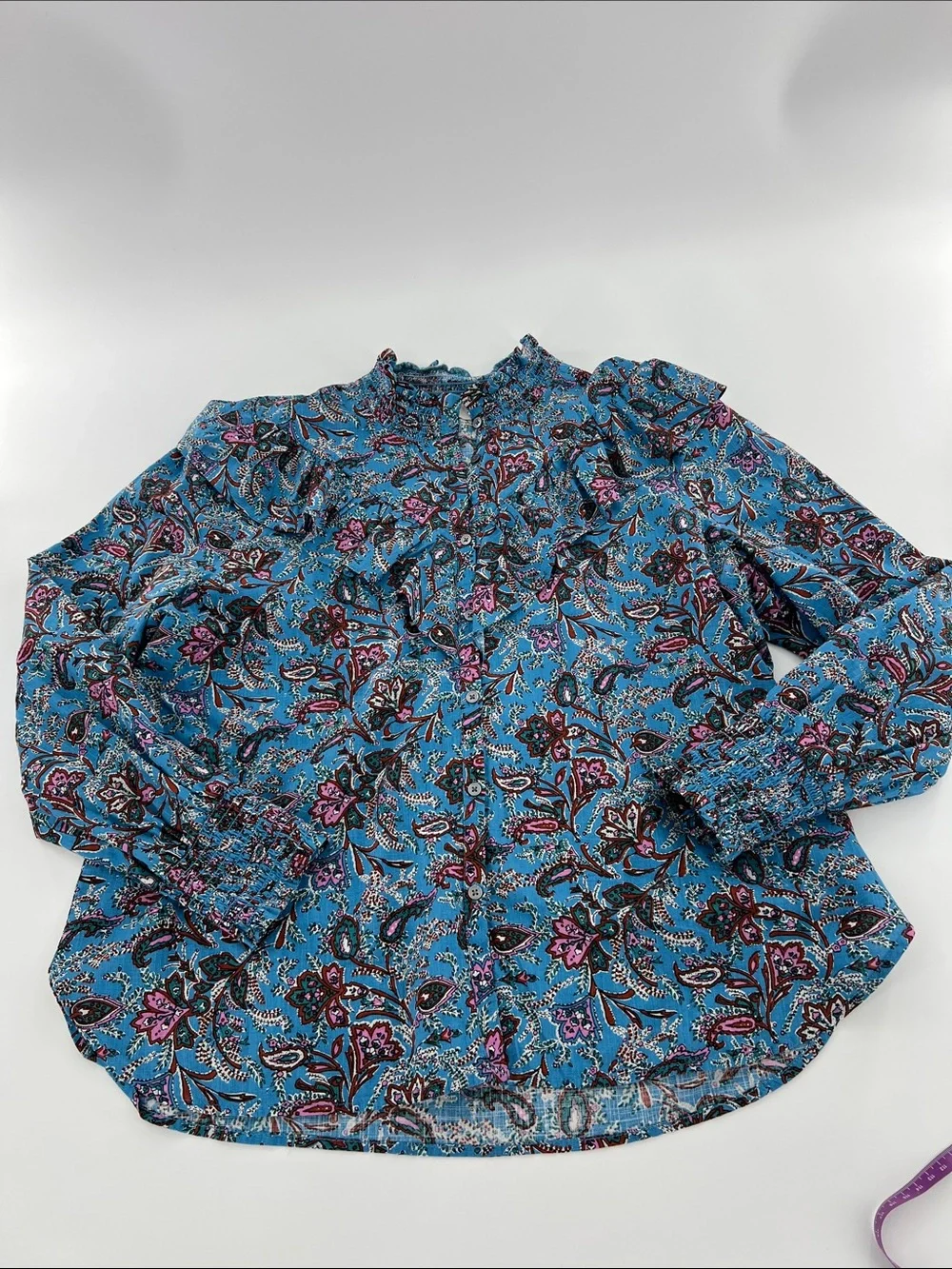 LOFT Bouquet Ruffle Blue Yoke Long Sleeve Button Down Puff Sleeve Shirt‎ Sz L